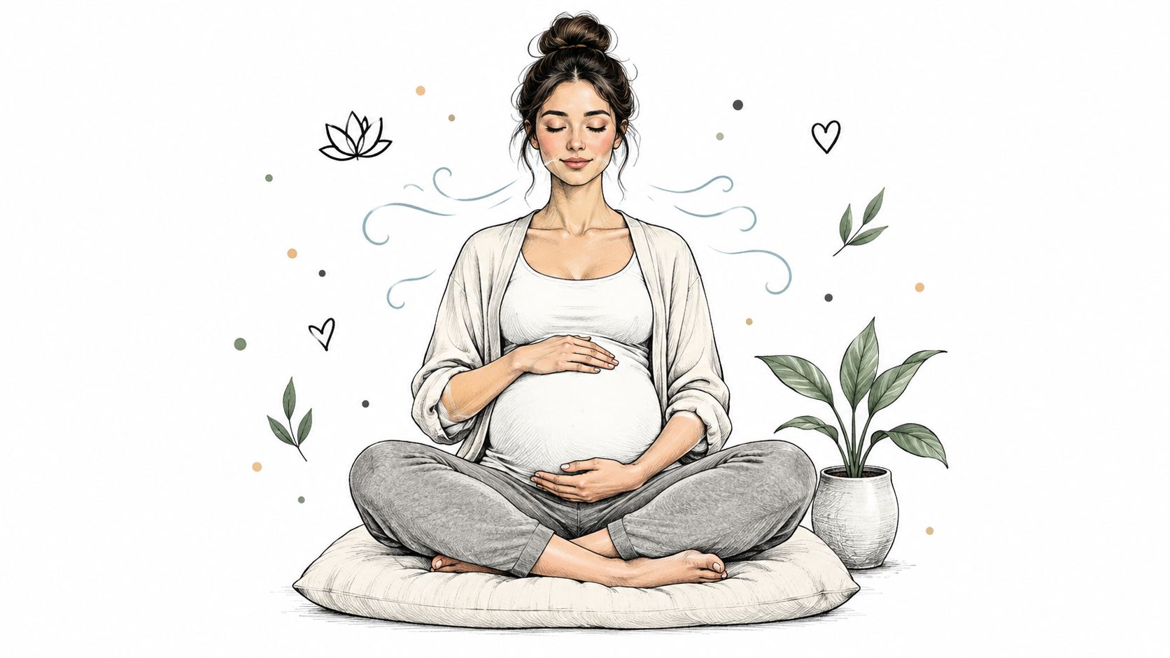 A pregnant woman sitting in a meditative pose on a floor cushion, practicing self care at home.
