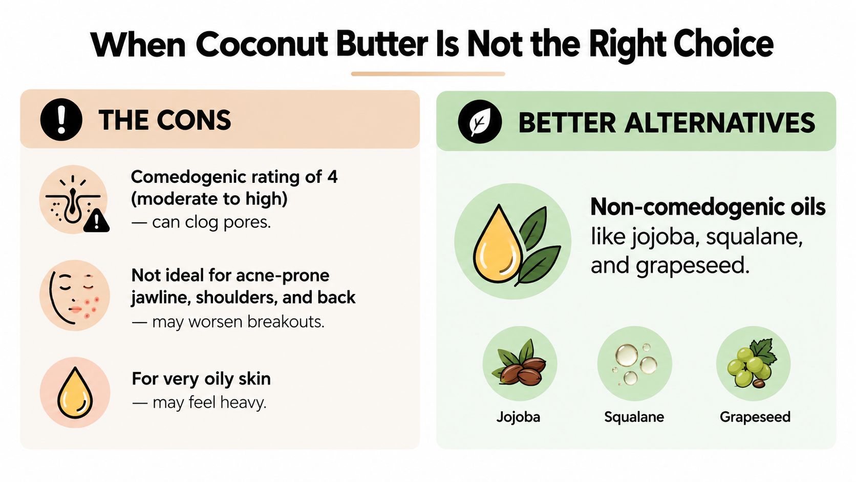 An infographic titled When Coconut Butter Is Not the Right Choice, detailing cons and better non-comedogenic oil alternatives.