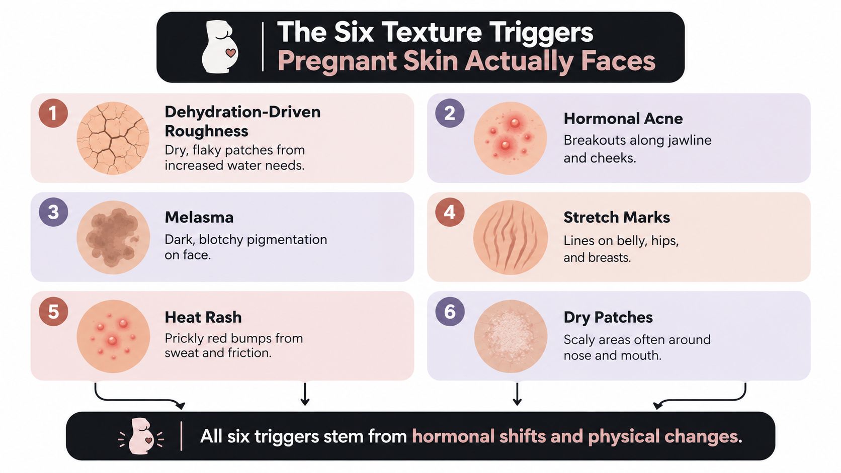 An infographic detailing six common pregnancy skin texture concerns including acne, melasma, stretch marks, and dryness.