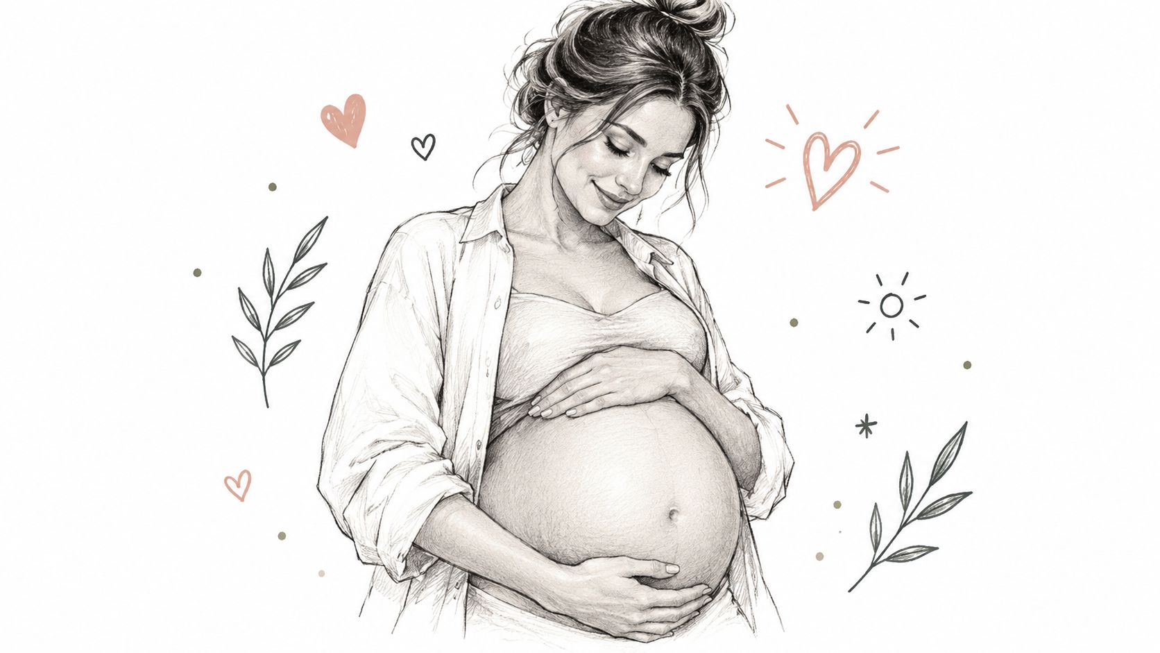 A pencil sketch of a pregnant woman smiling warmly while gently cradling her bare baby bump.