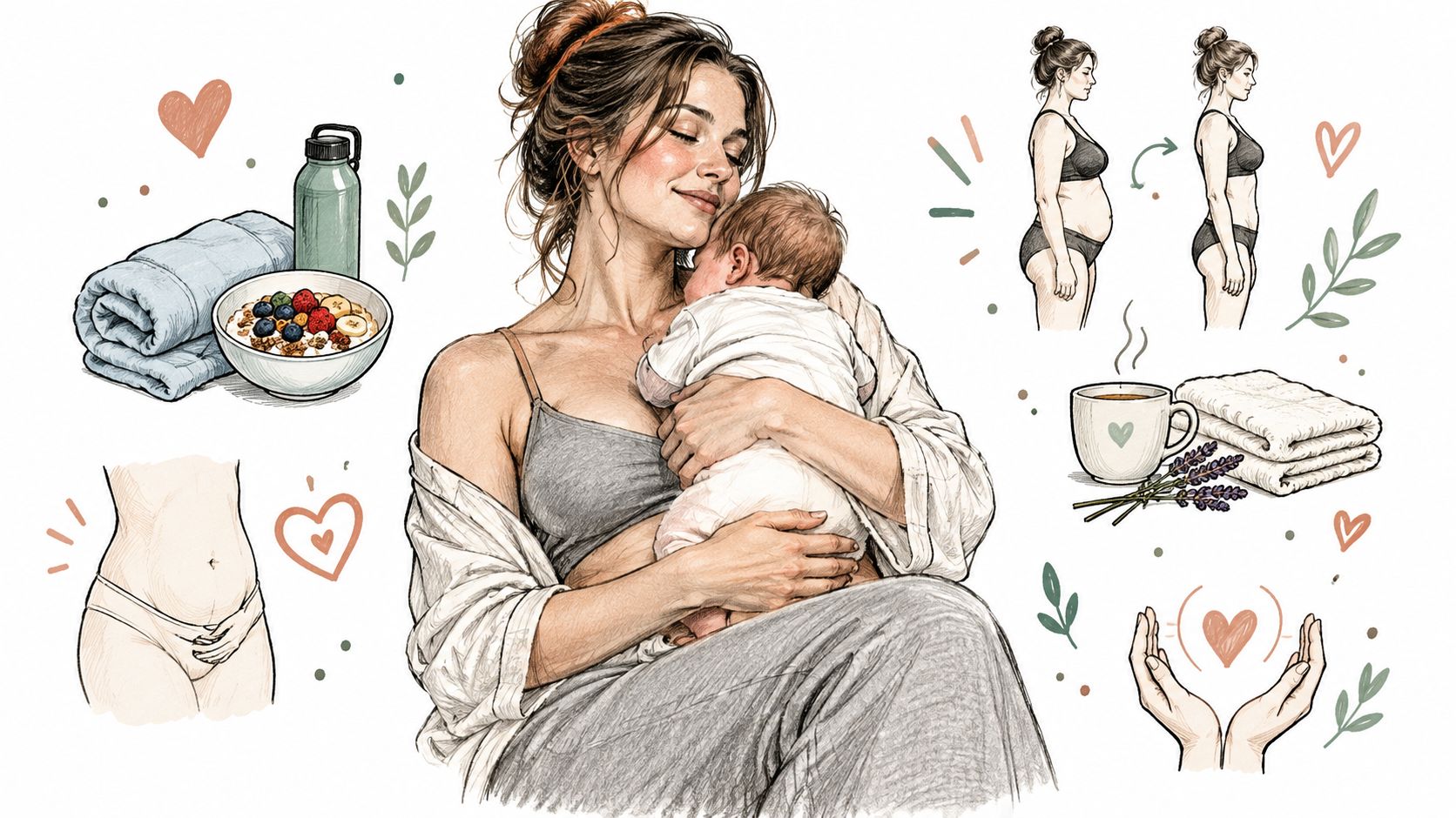 A gentle sketch illustration of a mother holding her newborn baby, surrounded by wellness and recovery items.