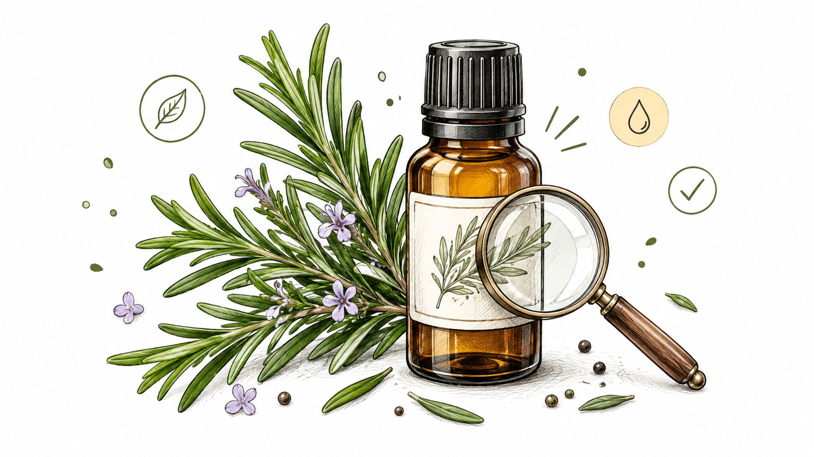 A brown glass essential oil bottle next to rosemary sprigs and a magnifying glass on white background.