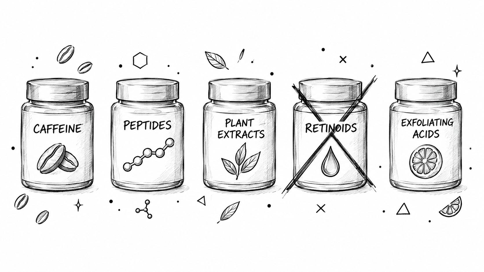 A line illustration of five jars labeled with common skincare ingredients including caffeine, peptides, plant extracts, and acids.