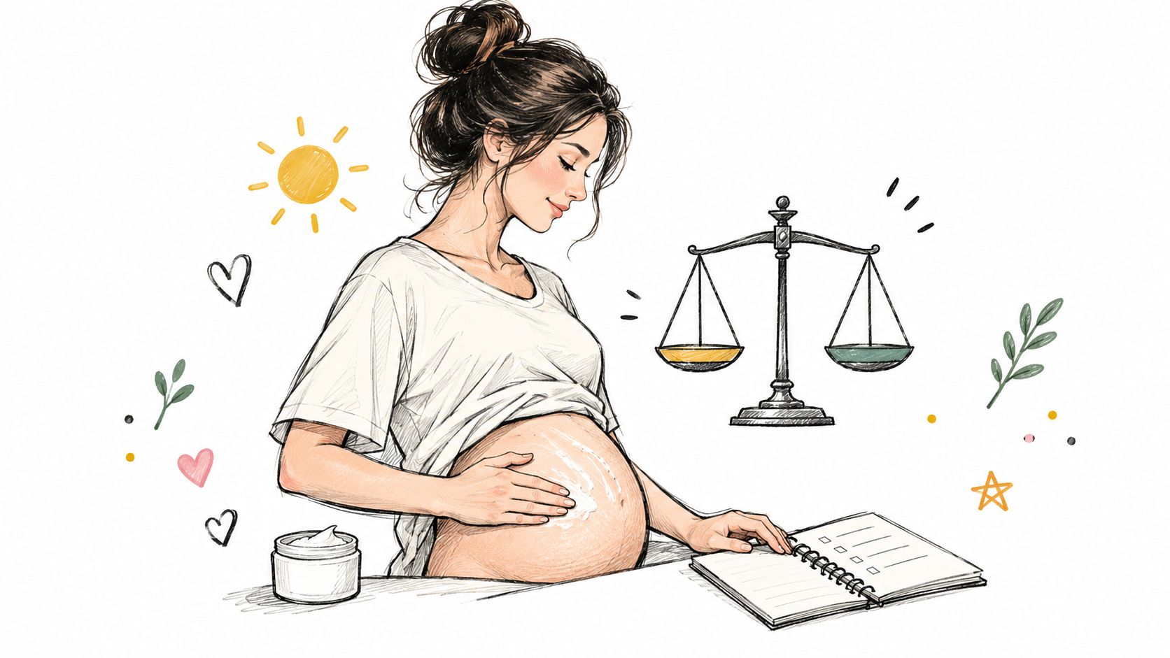 A pregnant woman applying cream to her belly while reviewing a checklist near a balance scale illustration.