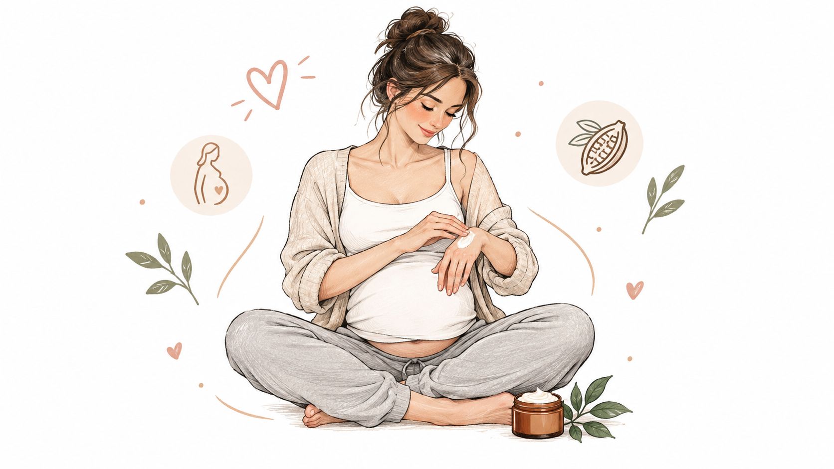 A pregnant woman sitting cross-legged while gently applying moisturizing cocoa butter hand cream to her skin.