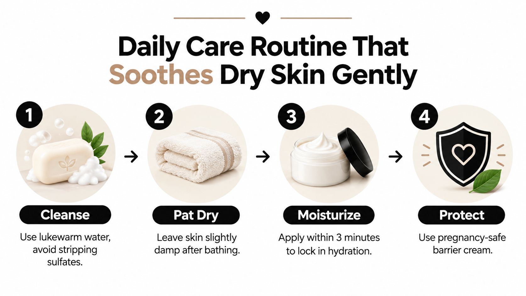 A four-step daily skincare routine infographic designed to gently soothe and moisturize dry skin during pregnancy.
