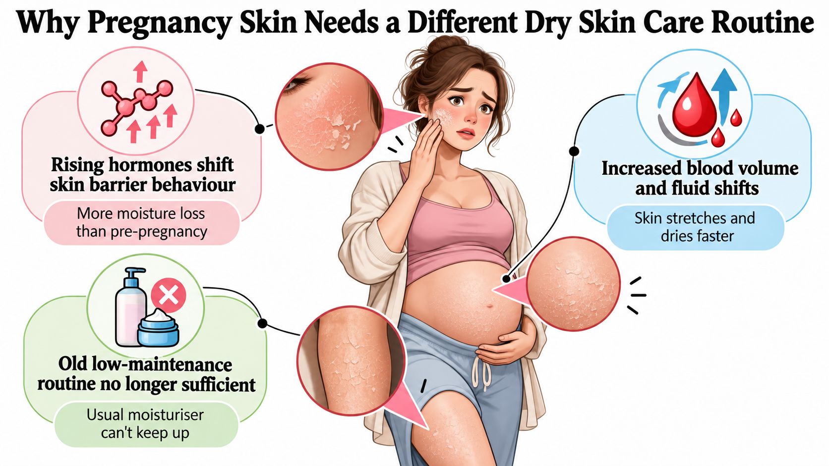 An infographic explaining why pregnancy causes dry skin and the need for a modified skincare routine.