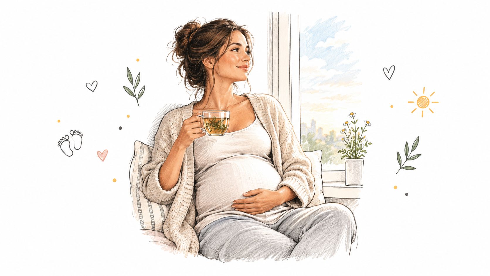 A pregnant woman relaxing comfortably by a window while enjoying a warm cup of herbal tea.