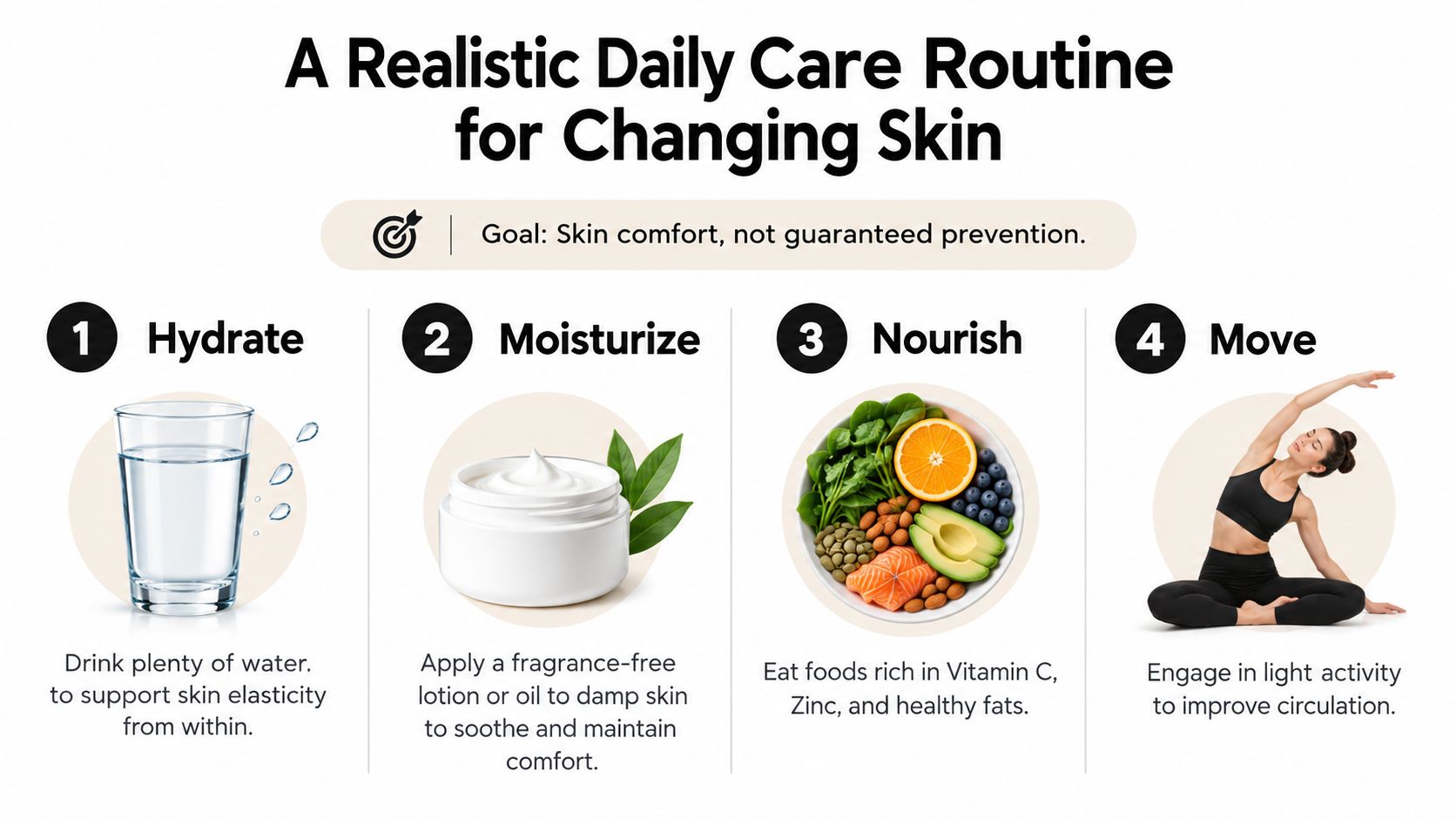 A four-step infographic illustrating a daily skincare routine focusing on hydration, moisturization, nutrition, and exercise for comfort.