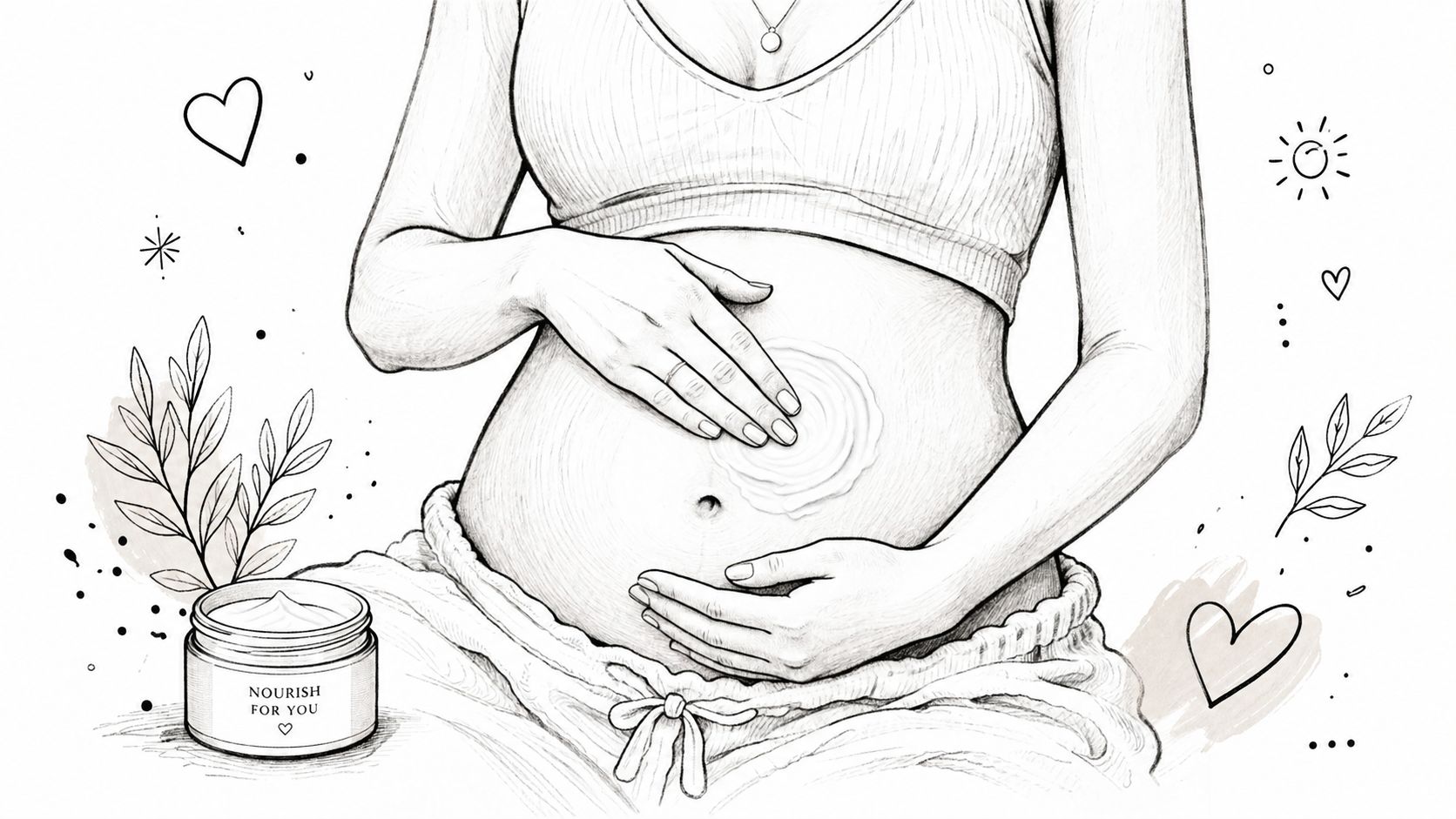 A pencil sketch of a pregnant woman applying nourishing cream to her belly with botanical accents.