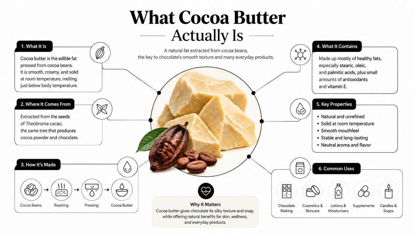 An infographic detailing the properties, origin, production, and uses of natural cocoa butter in consumer products.