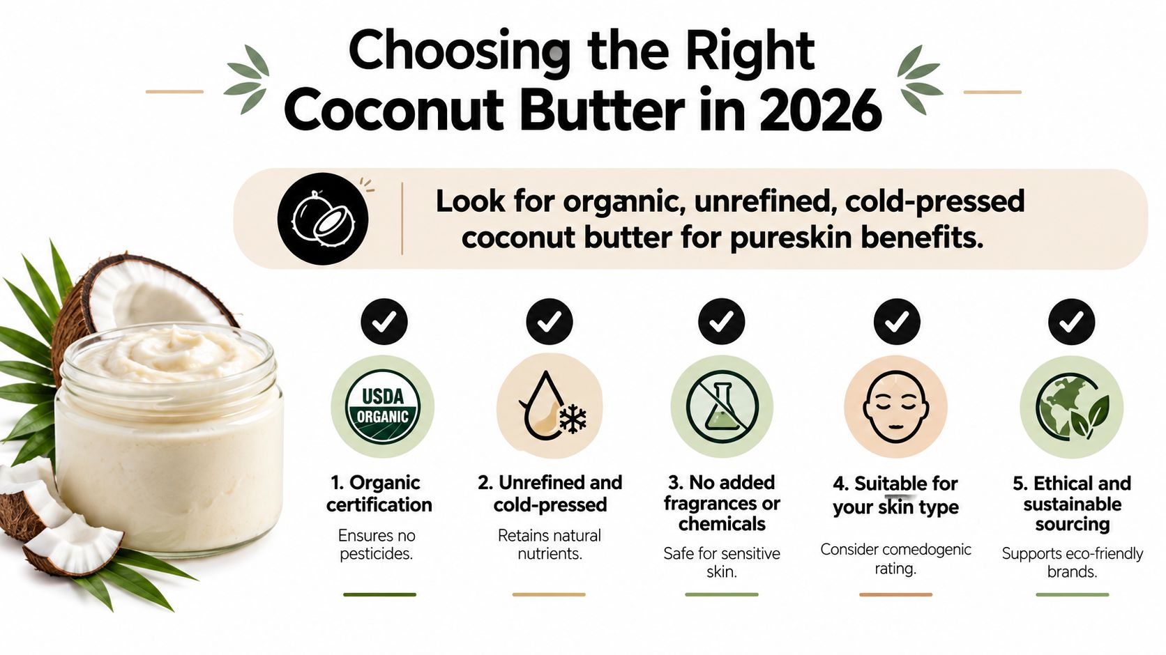 A helpful infographic outlining five essential tips for choosing high-quality organic coconut butter for skincare routines.