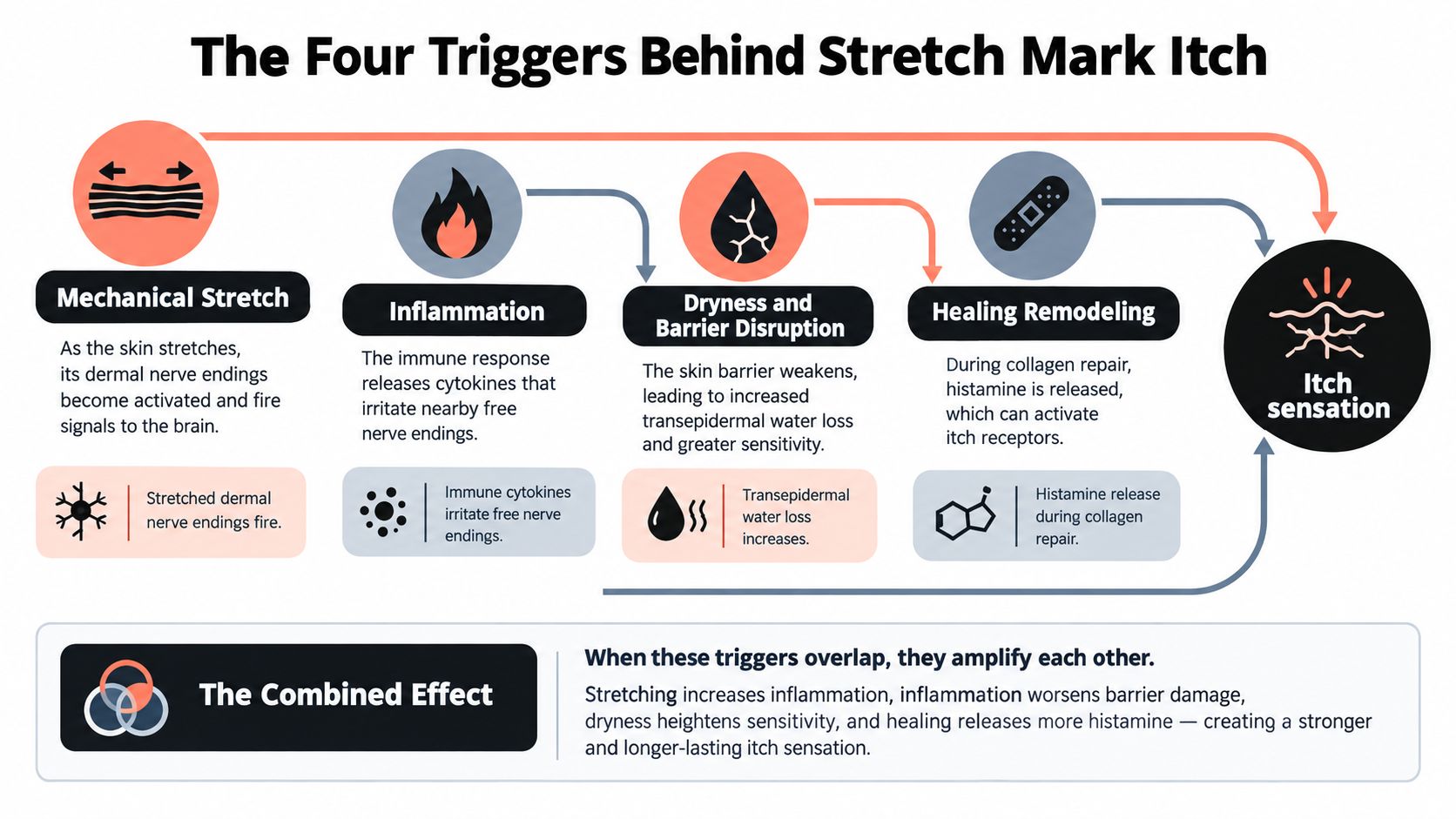 An infographic showing the four primary biological triggers that cause itchiness associated with skin stretch marks.