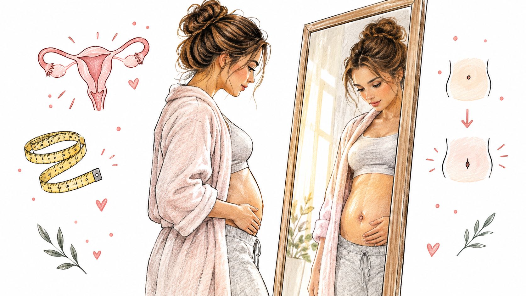 A pregnant woman looks at her belly in a mirror with illustrations of the uterus and navel.