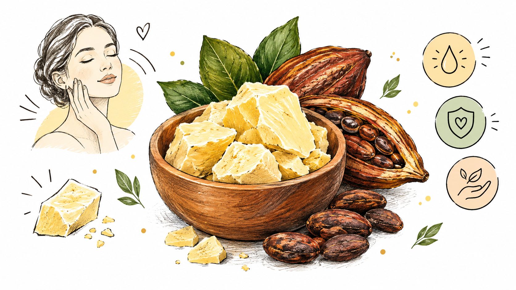 A hand-drawn illustration showing cocoa butter chunks, cocoa pods, and a woman applying skincare to her face.