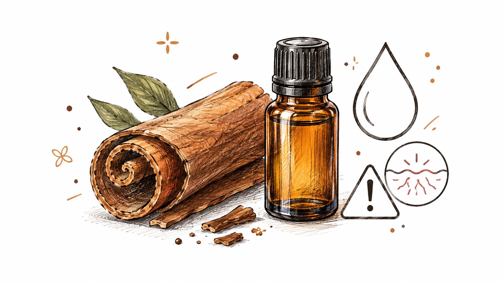 A hand-drawn illustration showing cinnamon sticks, a brown glass essential oil bottle, a drop, and a warning symbol.
