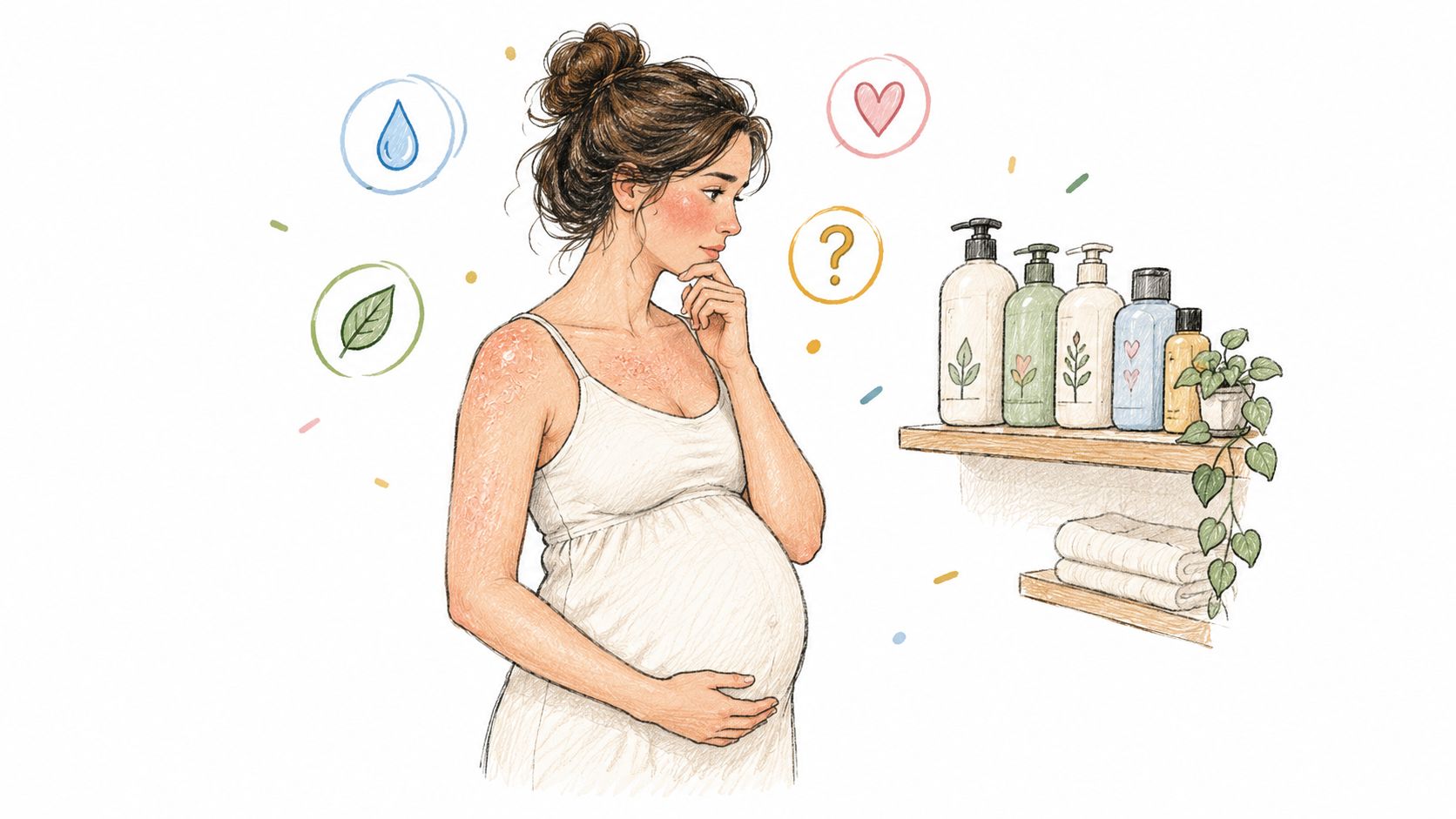 A pregnant woman looks thoughtfully at a shelf of skincare products while dealing with skin irritation.