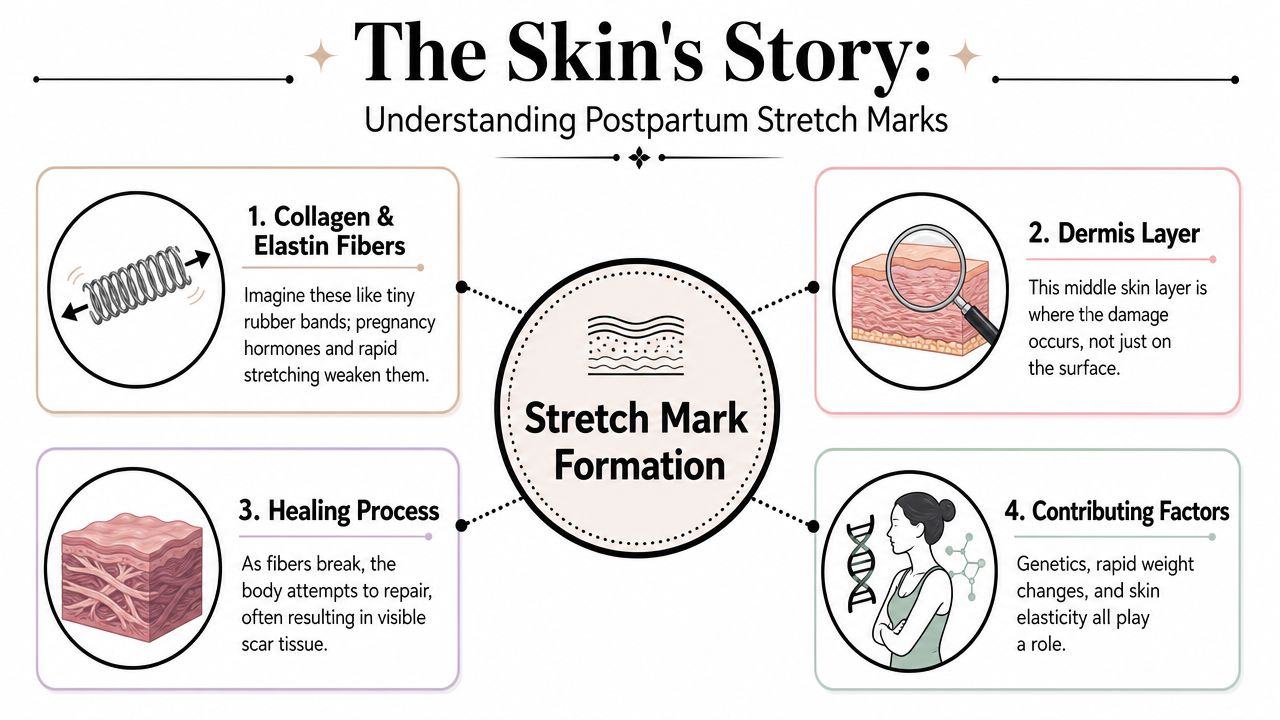 An infographic titled The Skin's Story explaining the biological process of postpartum stretch mark formation.