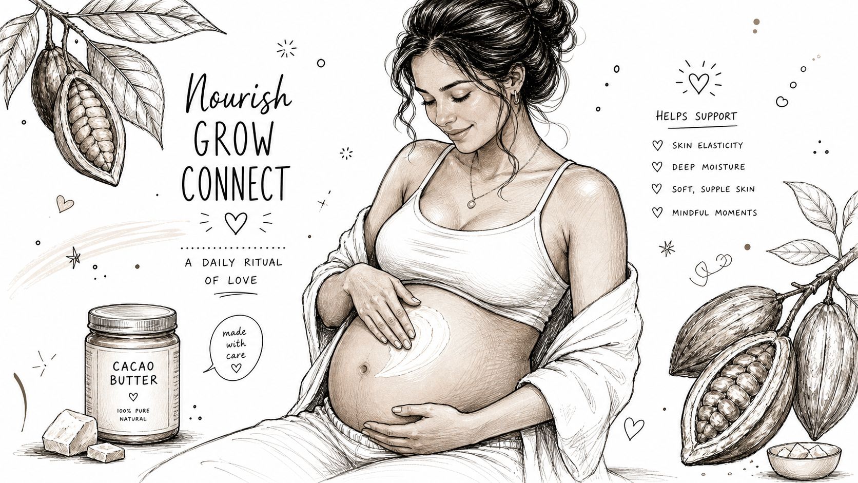 A pencil sketch of a pregnant woman applying organic cacao butter to her belly for skin nourishment.