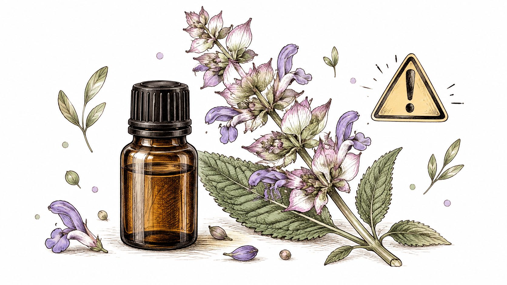 A brown glass essential oil bottle next to a clary sage plant illustration with a warning sign.