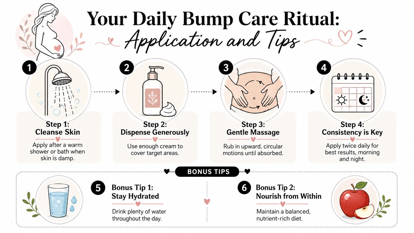 An infographic detailing a daily bump care routine for pregnant women featuring steps and healthy lifestyle tips.