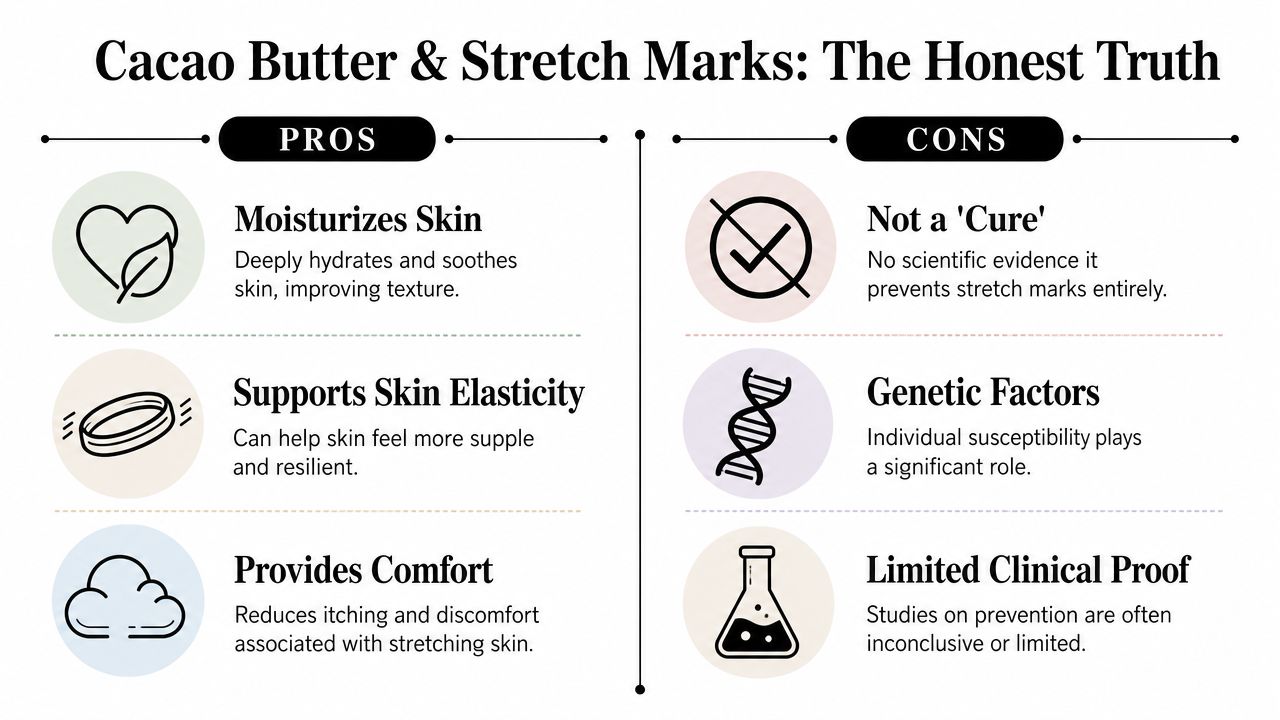 An infographic comparing the pros and cons of using cacao butter for treating stretch marks.