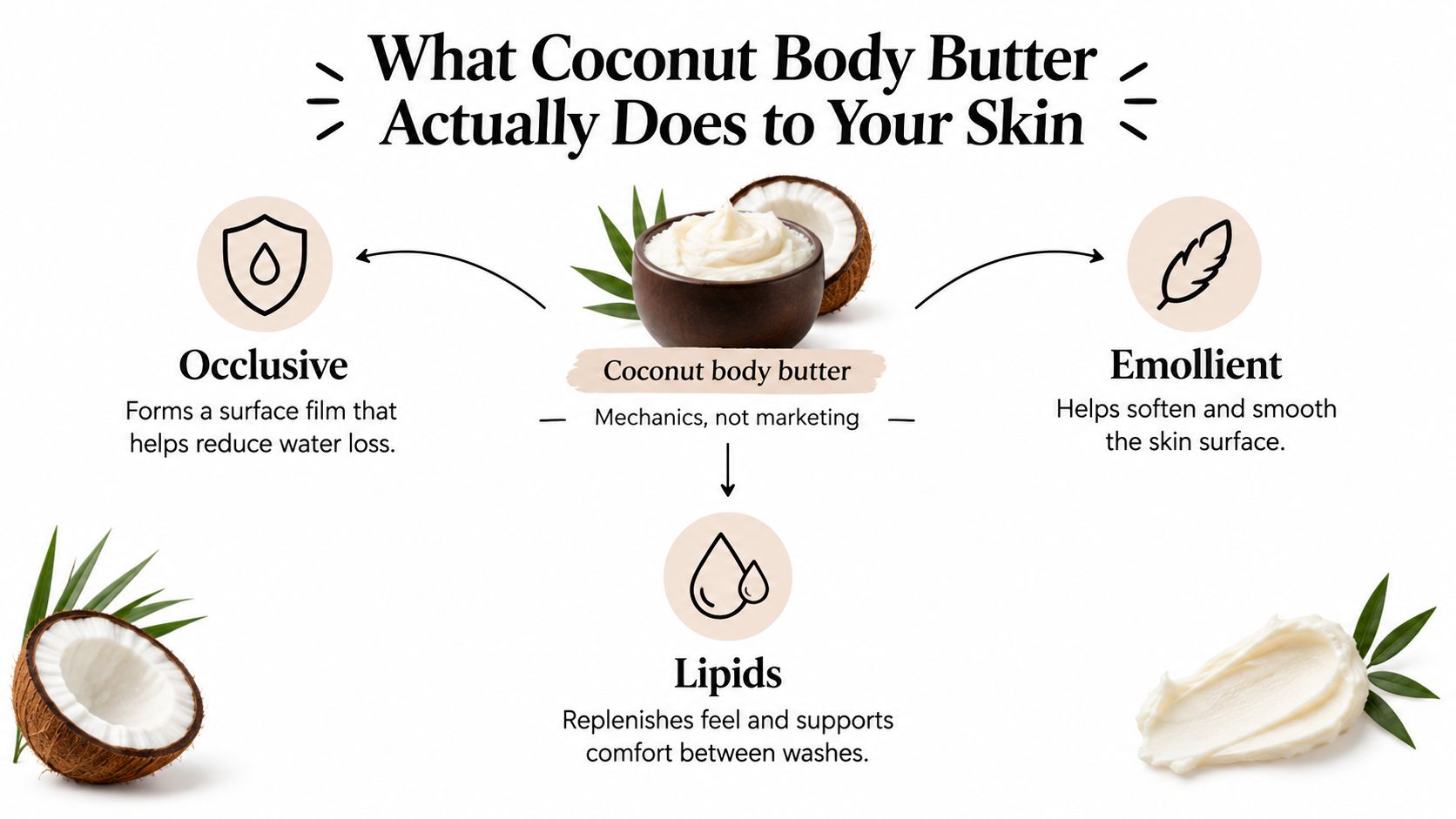 An infographic showing the skin benefits of coconut body butter including occlusive, emollient, and lipid properties.