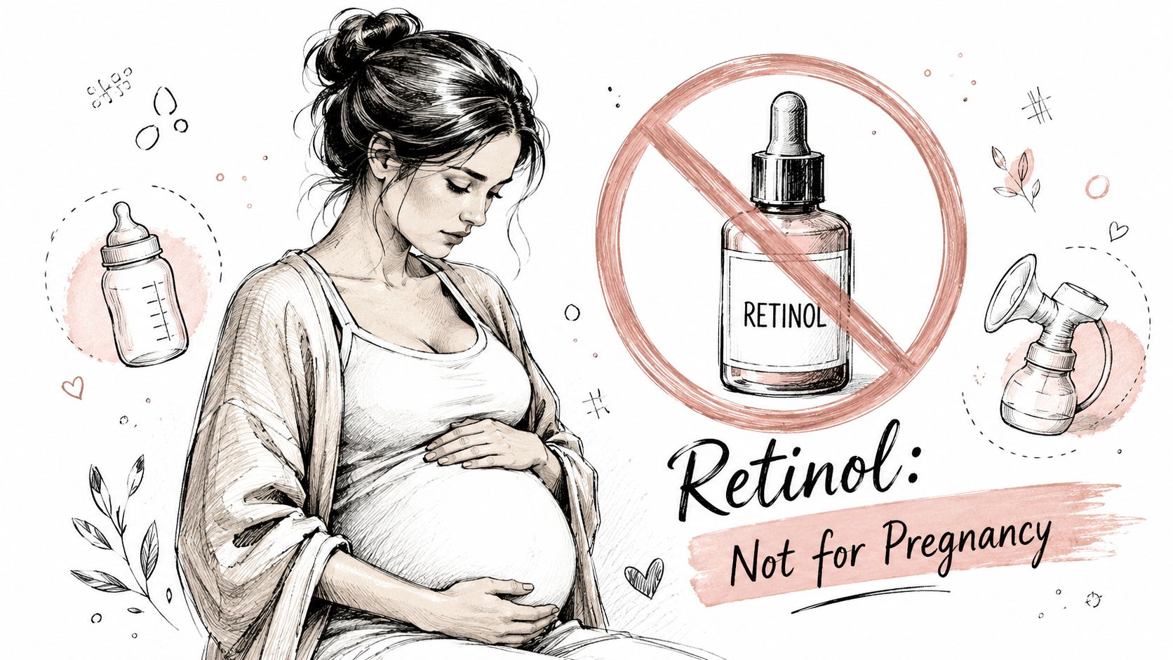 A pregnant woman sitting with a warning sign showing a bottle of retinol with a red cross.