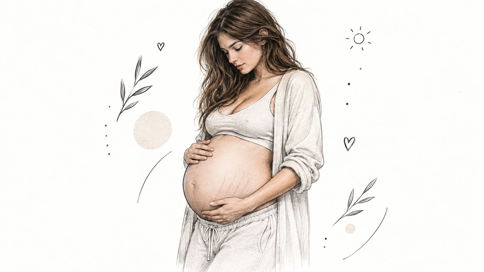 A pencil sketch of a pregnant woman wearing loungewear, gently cradling her belly with visible stretch marks.