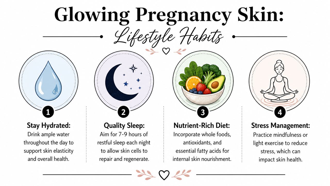 An infographic detailing four lifestyle habits for maintaining glowing pregnancy skin including hydration, sleep, diet, and stress management.