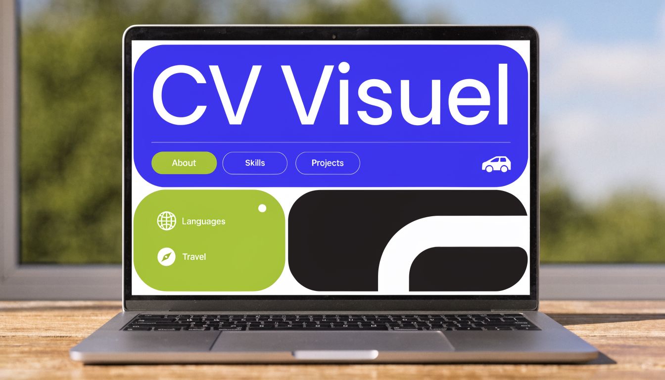 Un ordinateur portable affichant un design de CV visuel moderne avec des sections épurées et colorées.