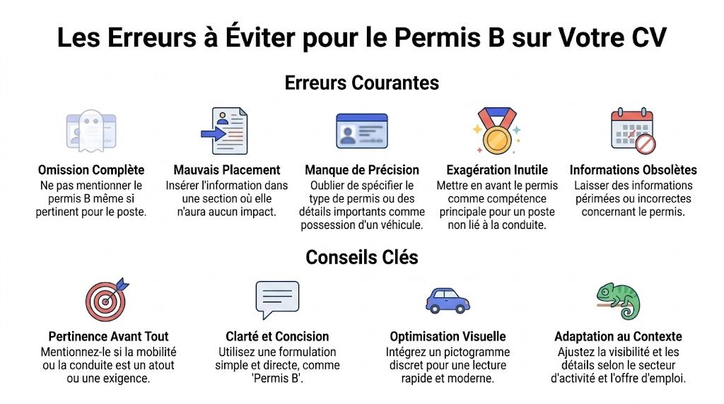Infographie présentant les erreurs courantes et les conseils clés pour mentionner le permis B sur son CV.