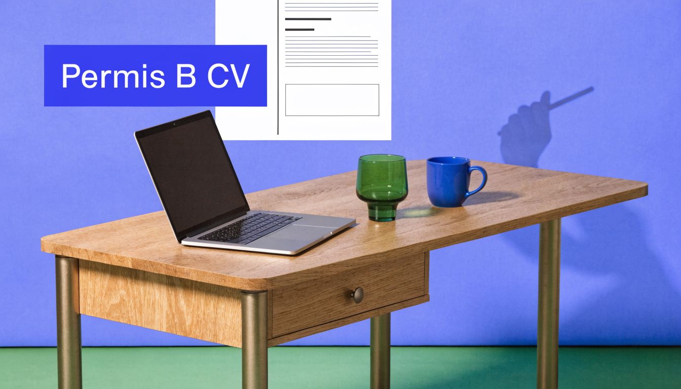 Un bureau en bois moderne avec un ordinateur portable, deux tasses et un CV affiché au mur.