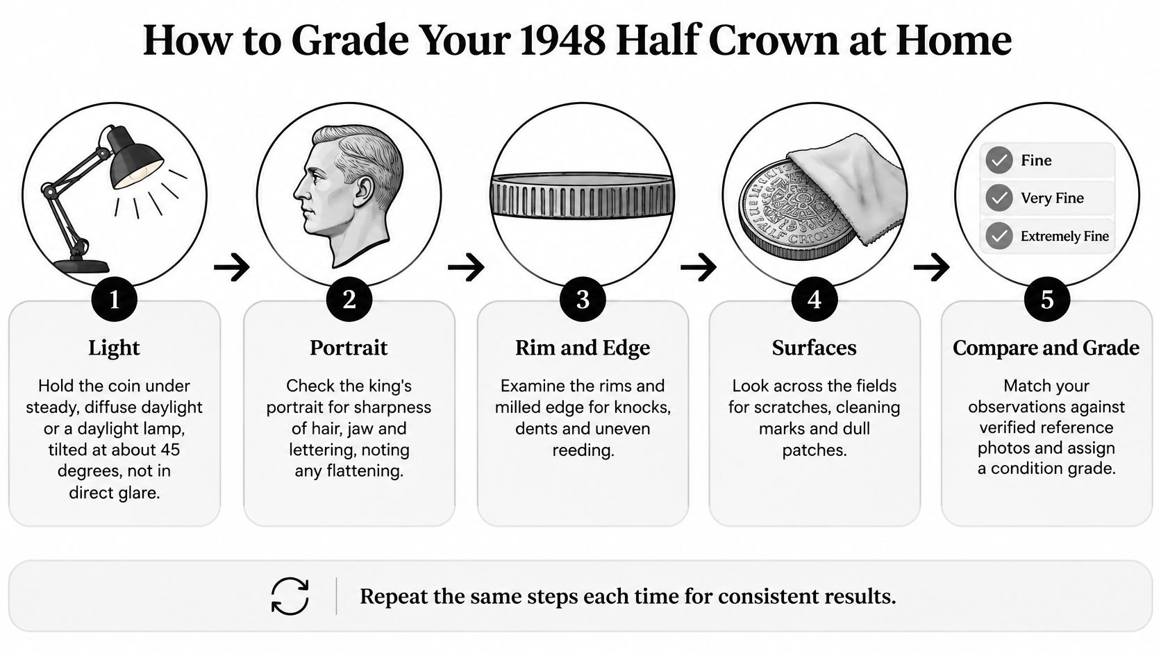 An infographic illustrating five easy steps to grade a 1948 half crown coin at home.