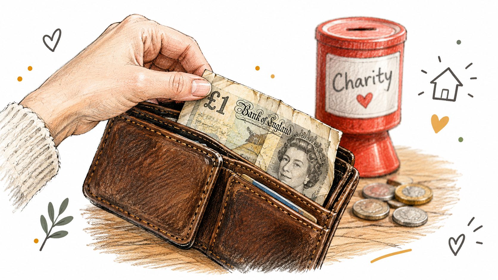 A hand pulling a one pound British banknote out of a brown leather wallet near a charity box.