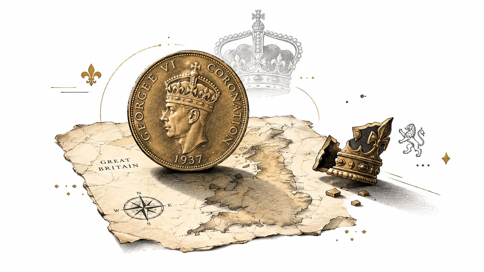 A 1937 George VI coronation coin resting on an illustrated map of Great Britain with a crown.