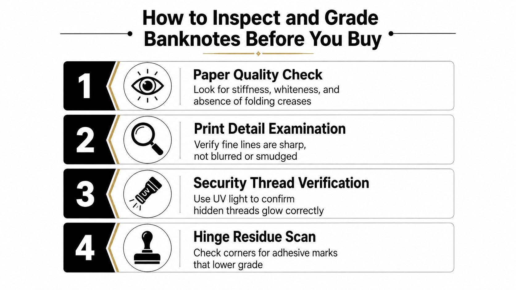 An infographic titled How to Inspect and Grade Banknotes Before You Buy, listing four expert tips.