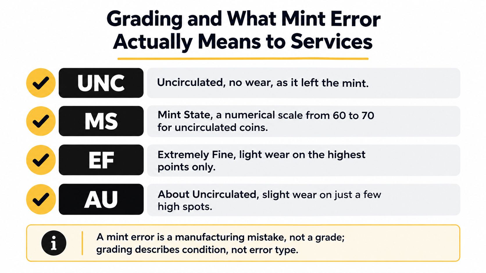 A chart explaining coin grading terms UNC, MS, EF, AU and defining what a mint error means.