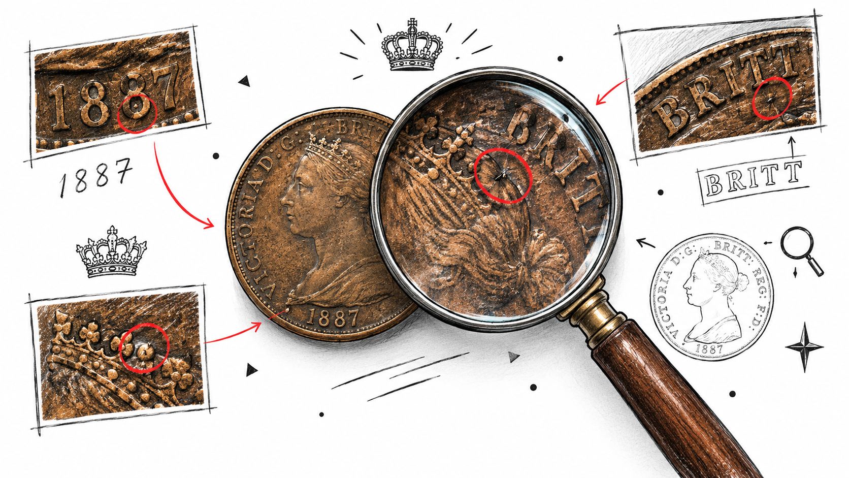 A close-up analysis of a 1887 Queen Victoria penny with red circles highlighting specific coin details.