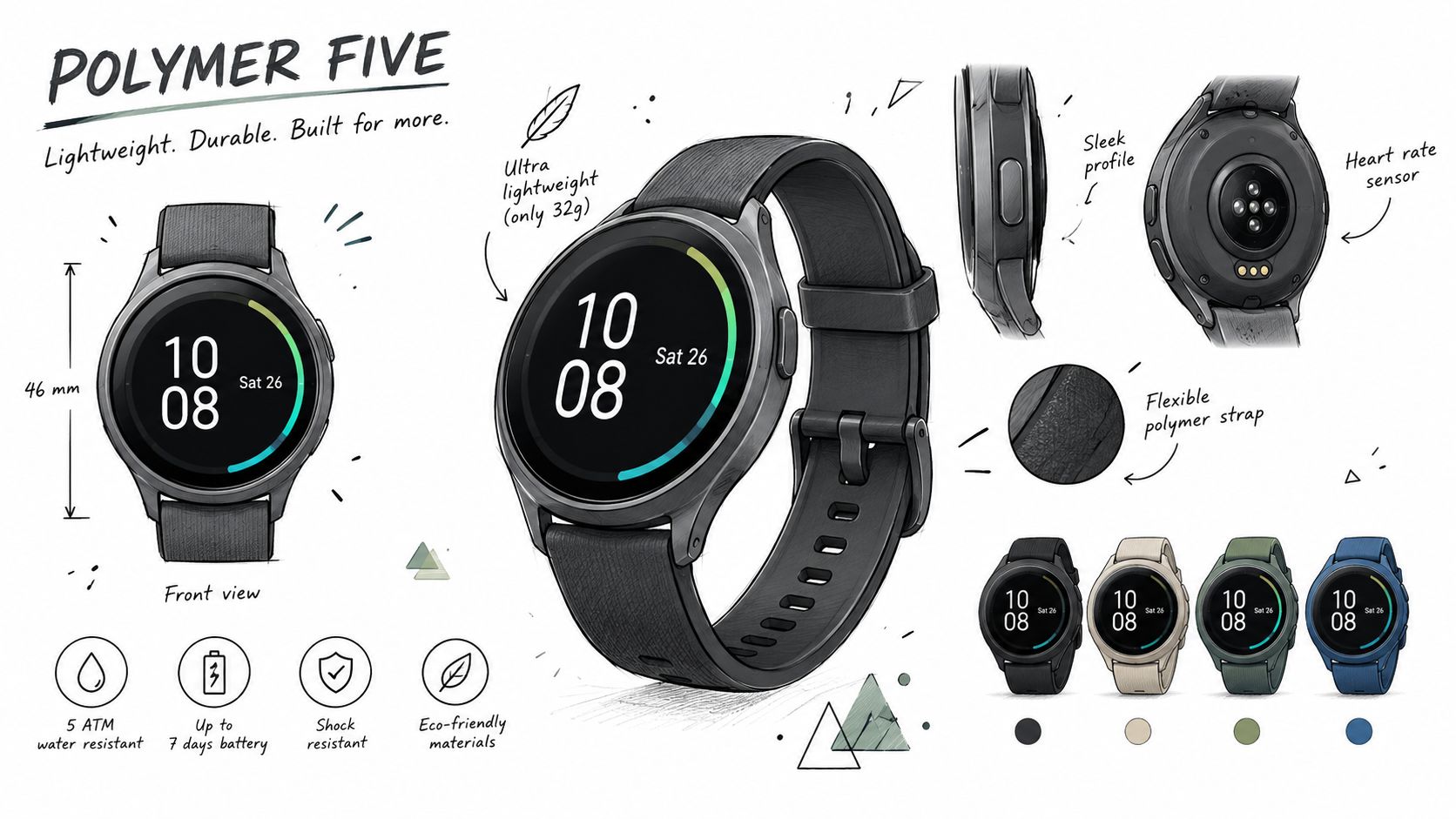A product sketch showcasing the Polymer Five smartwatch, highlighting its features, lightweight design, and available color options.