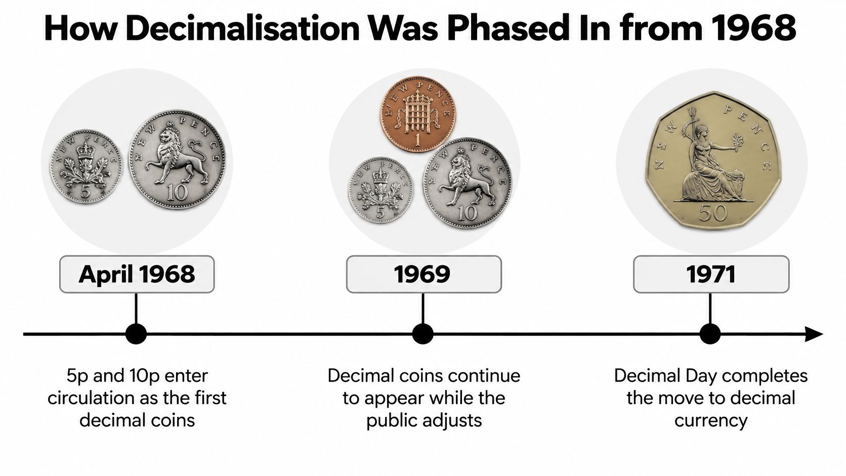 A timeline graphic showing the phase-in of British decimal coins from 1968 through to 1971.