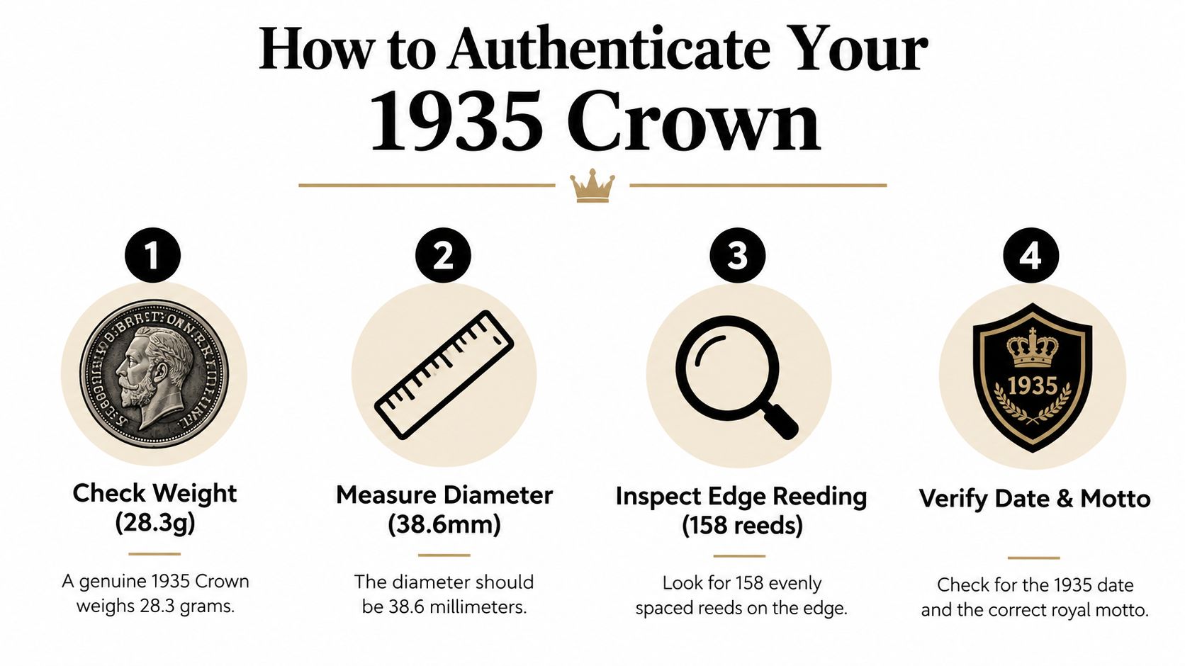 An infographic showing four steps to authenticate a 1935 crown coin including weight, diameter, and edge reeding details.