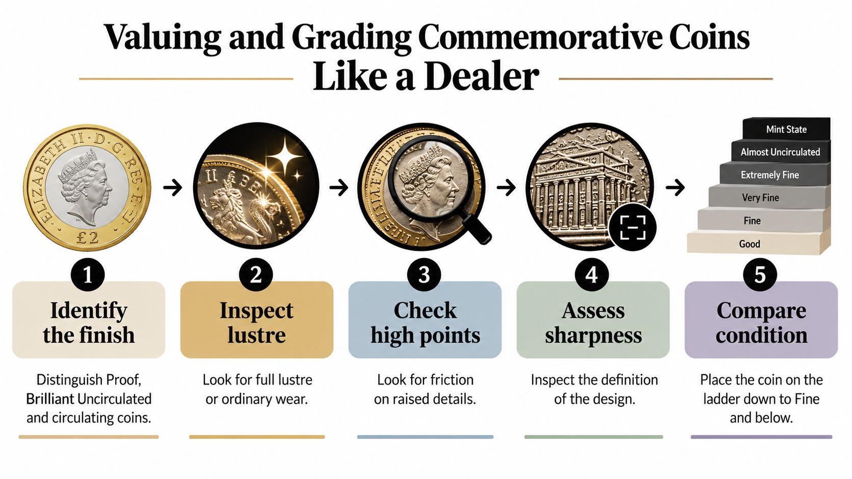 A step-by-step infographic illustrating how to value and grade collectible UK commemorative coins like a professional.