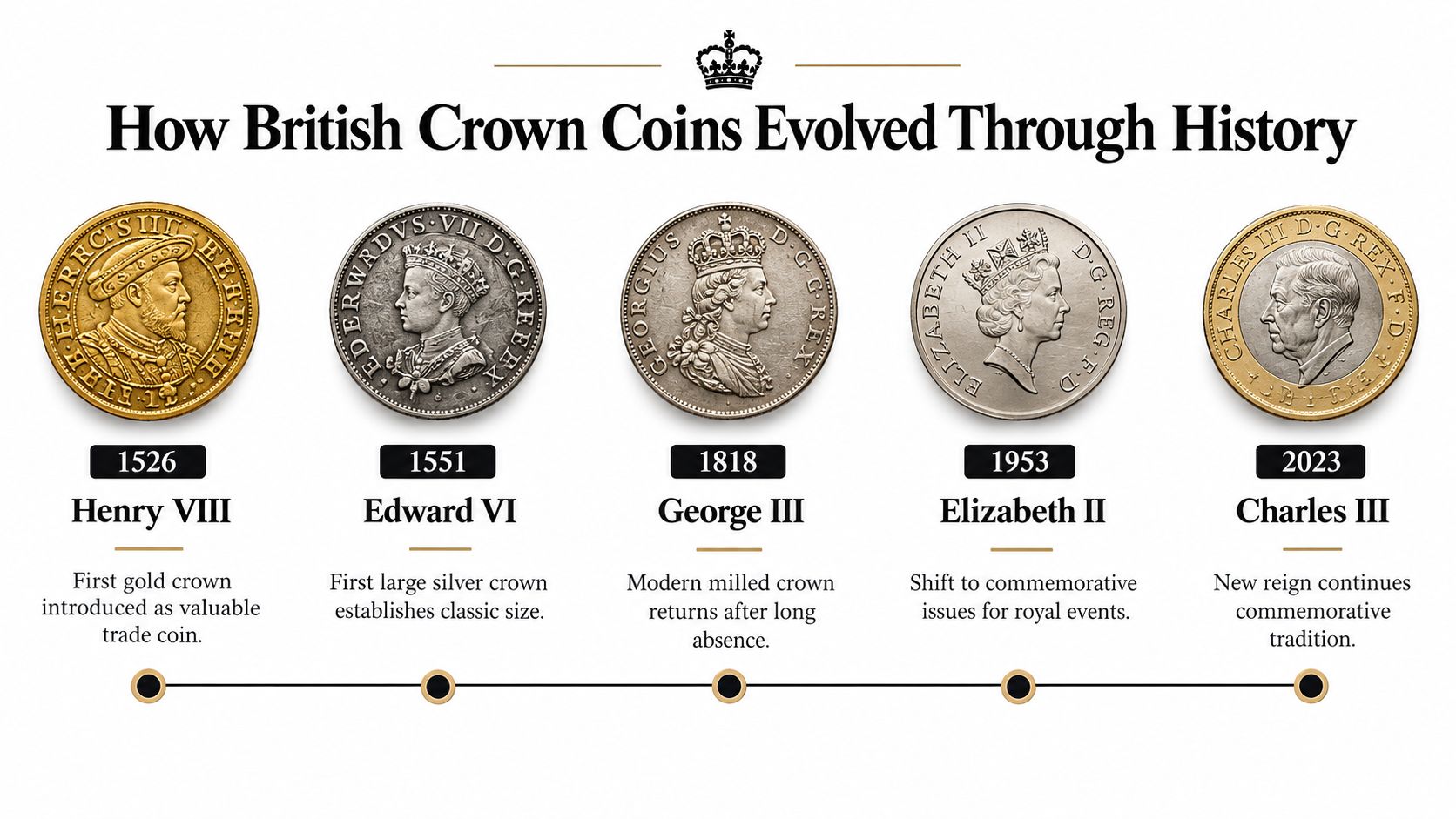 A timeline illustration showing the evolution of British crown coins featuring monarchs from Henry VIII to Charles III.