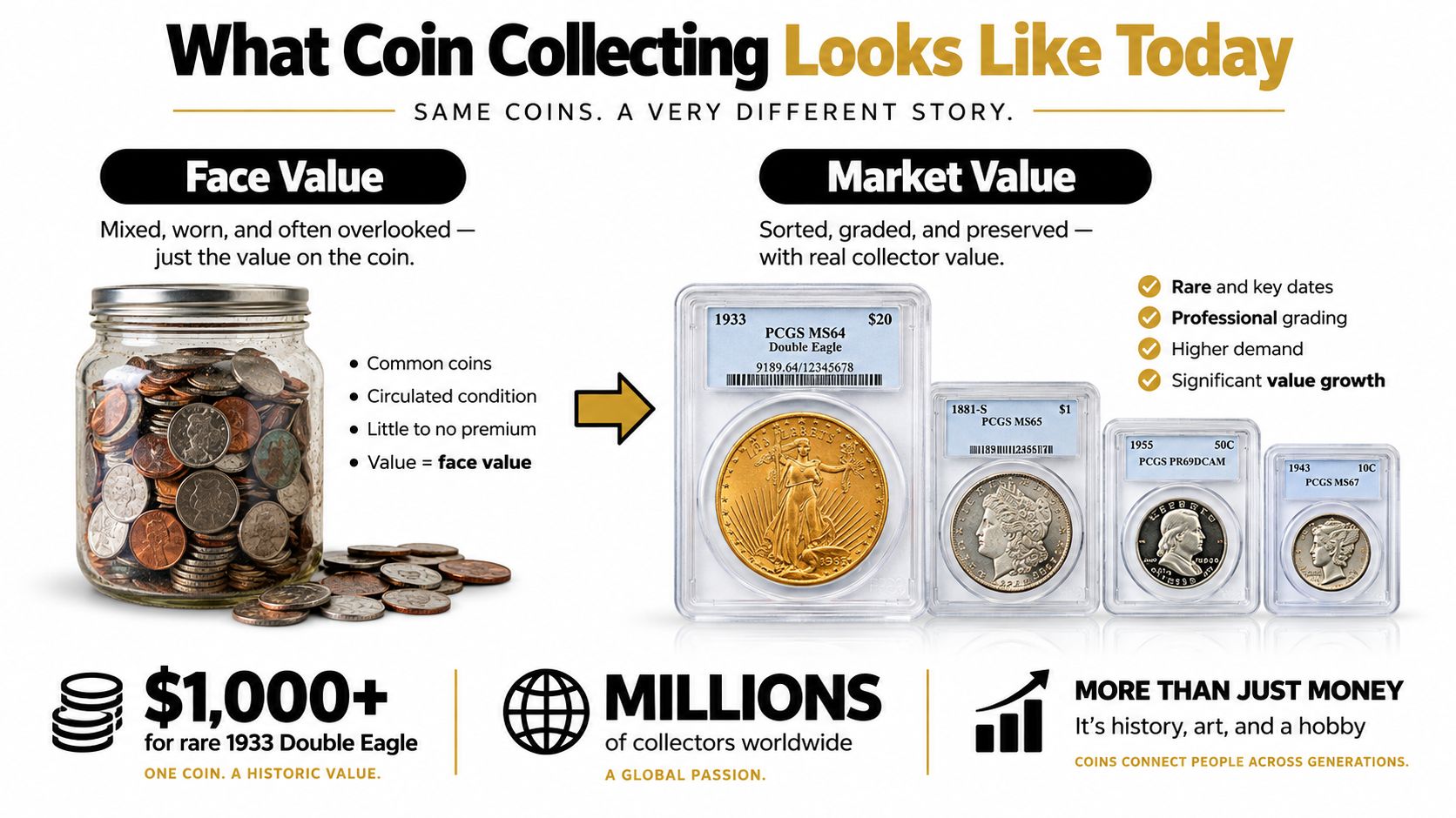 An infographic comparing face value coin collections in a jar versus professional graded market value coin collections.