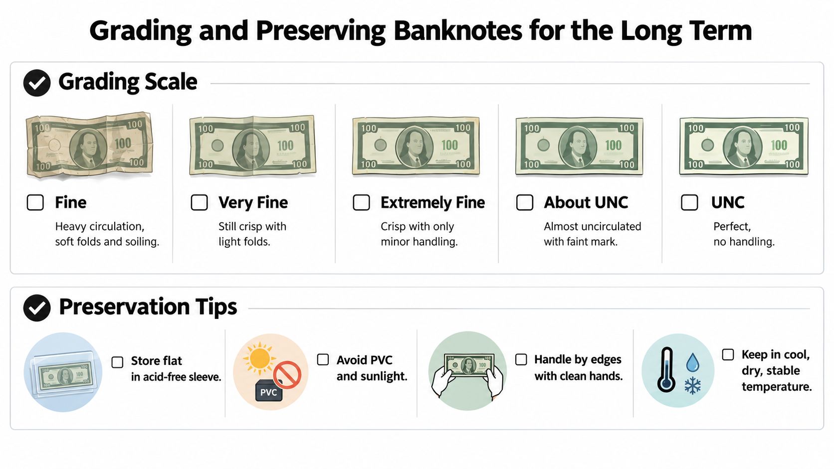 An infographic illustrating banknote grading scales from Fine to UNC and tips for proper currency preservation.
