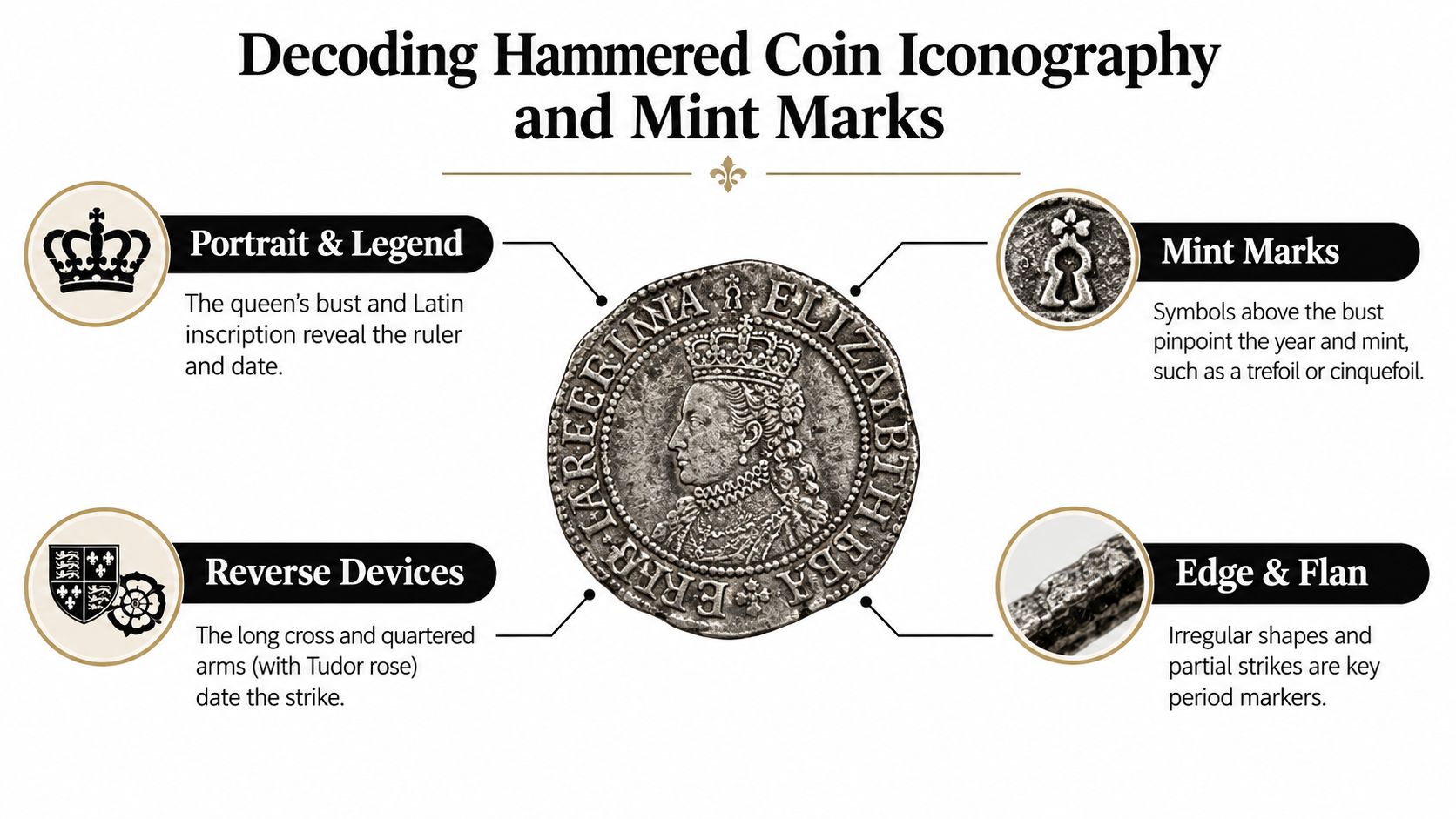 An educational infographic illustrating the key iconography and mint marks found on hammered Elizabeth I era coins.