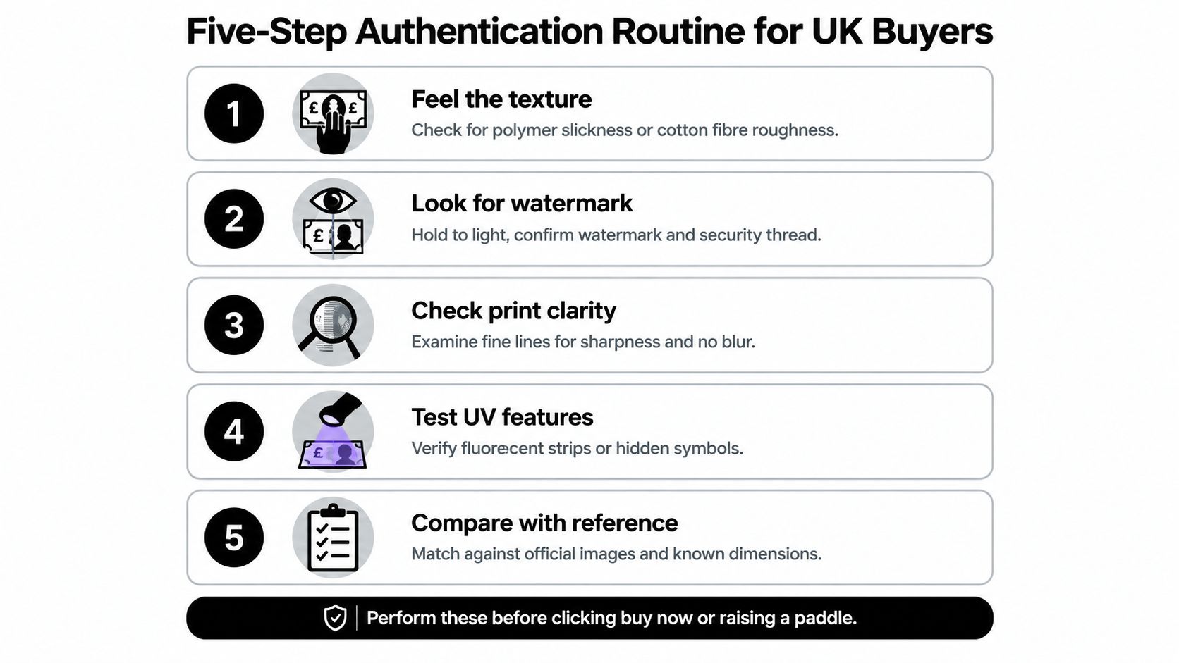 An infographic detailing five steps for UK buyers to authenticate banknotes, including tactile and visual checks.