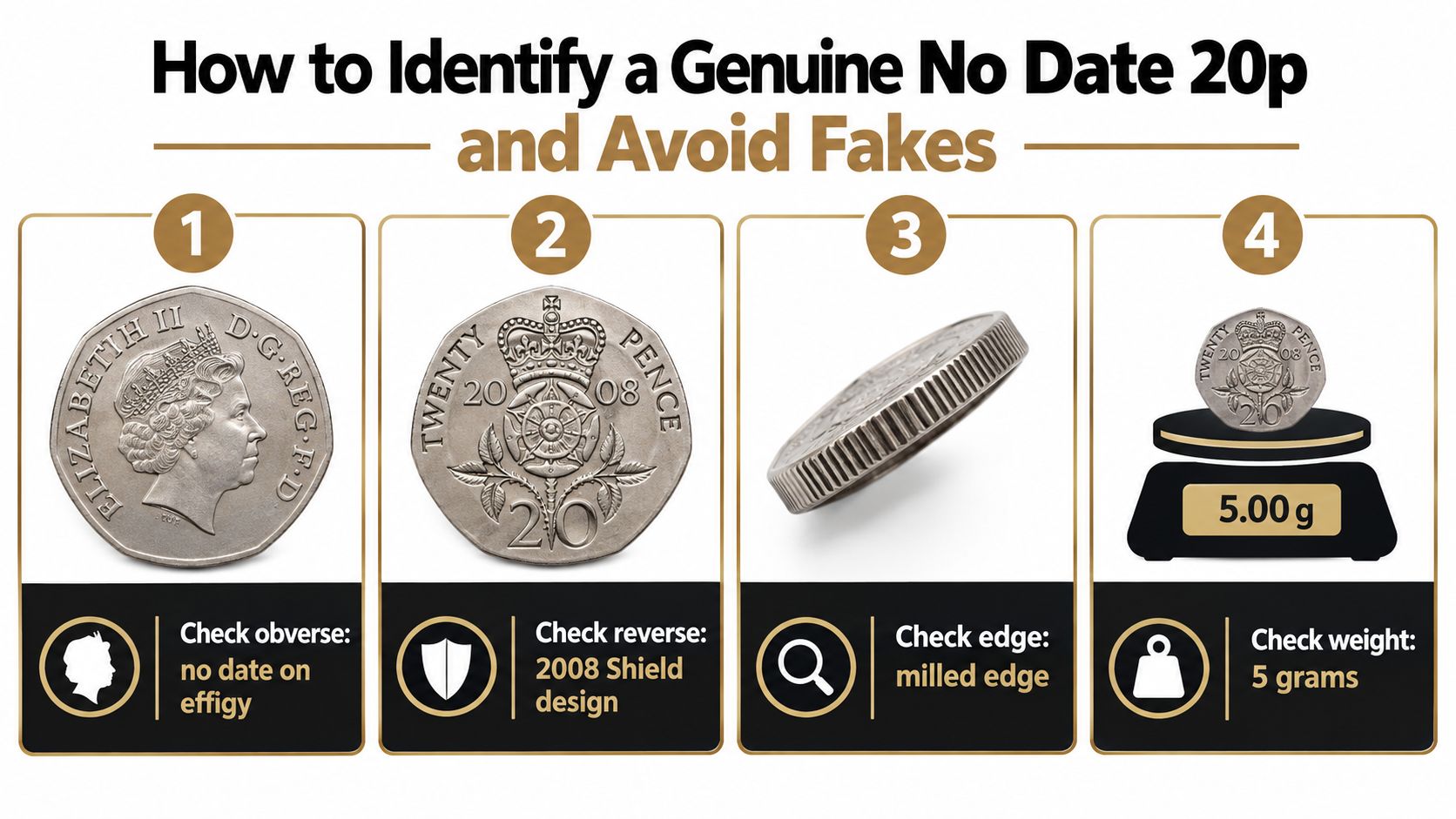 An infographic showing four steps to identify a rare genuine no date 20p British coin.