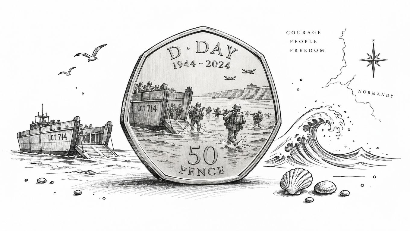 A commemorative fifty pence coin celebrating the D-Day Normandy landings featuring soldiers and a landing craft.